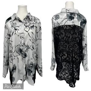 Vintage‎ Dennis by Dennis Basso Blouse Lace Back Black & White Floral Large